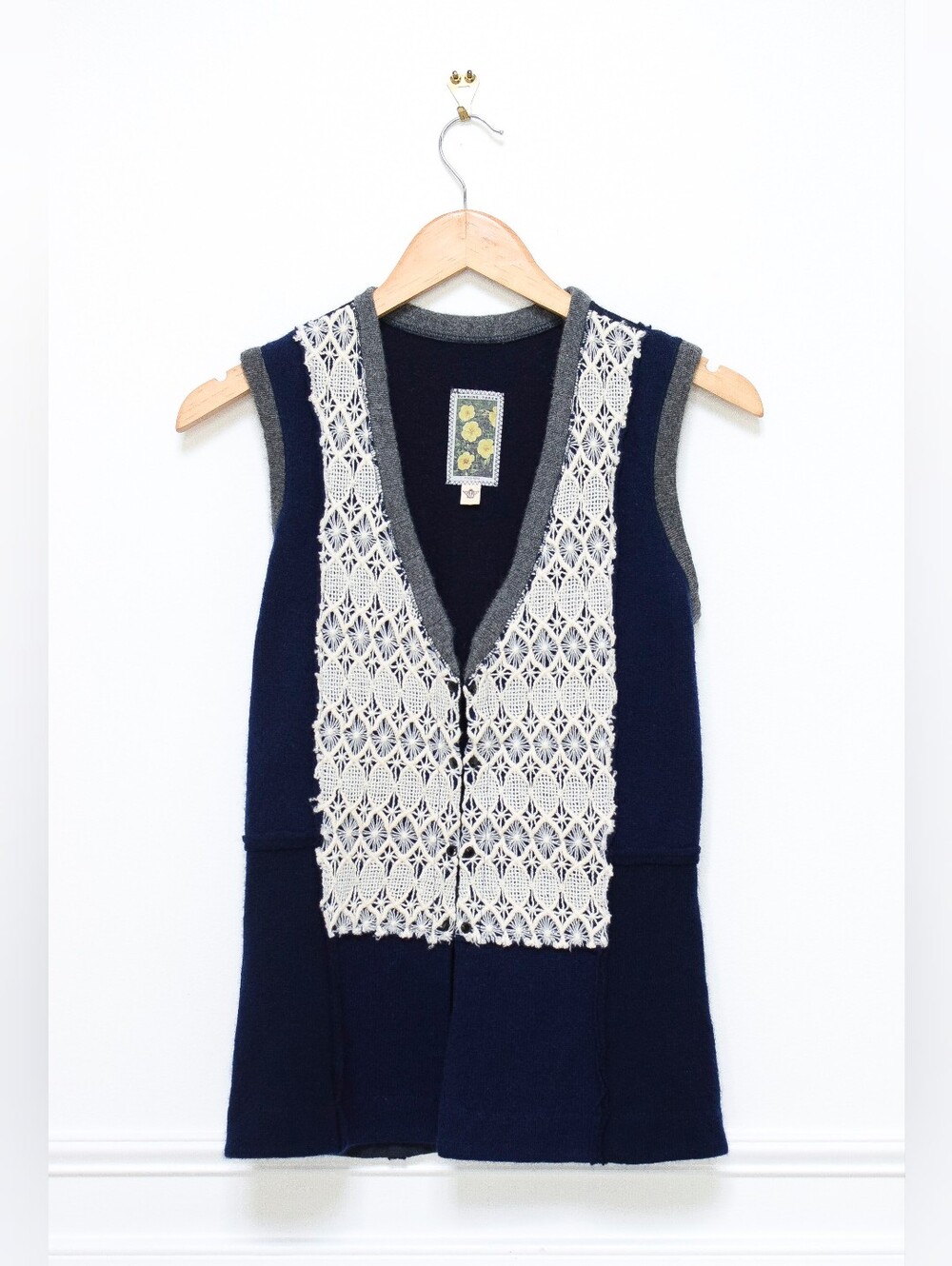 Anthropologie Burning Torch Cashmere Crochet Lace Vest Navy Blue Size S Retro